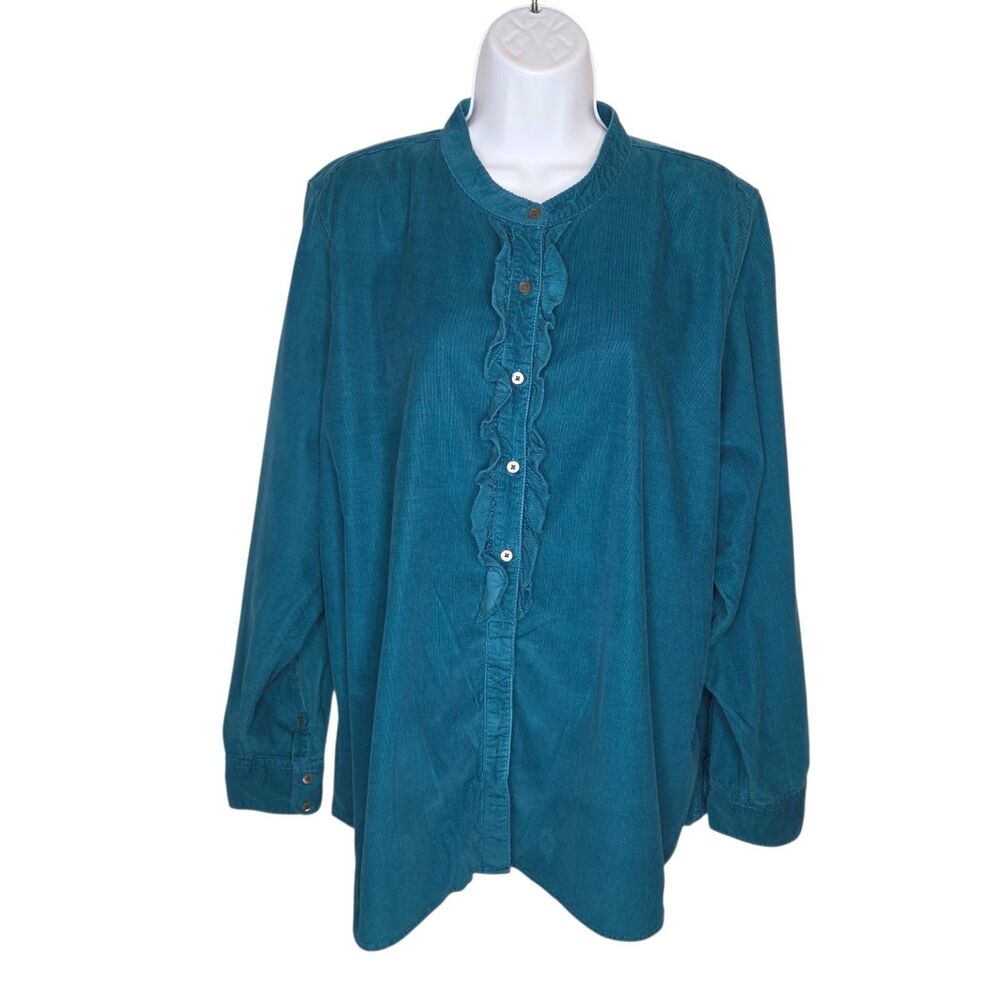 Lands' End Plus Size 2X 20W-22W Teal Fine Corduroy Ruffle Neck Blouse Top